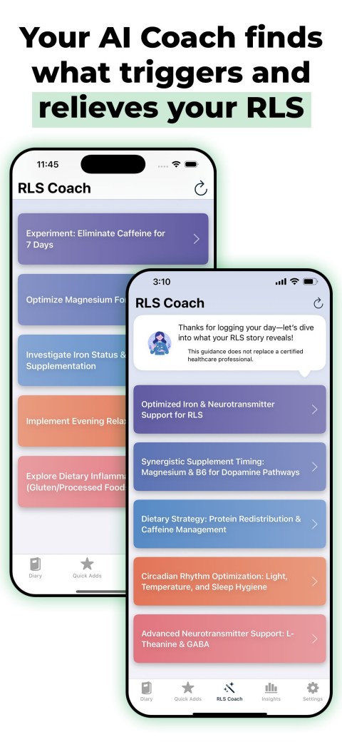 Image showsthe coaching feature of the RLS Coach App and the header text Your AI Coach finds what triggers and relieves your RLS