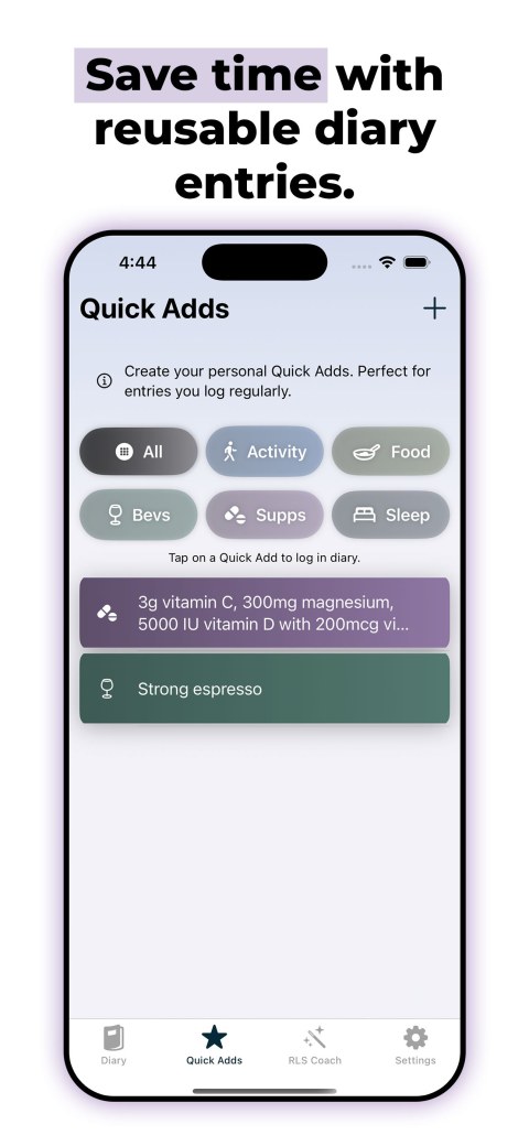 Image shows the quick adds feature of the RLS Coach App and the header text Save time with reusable diary entries